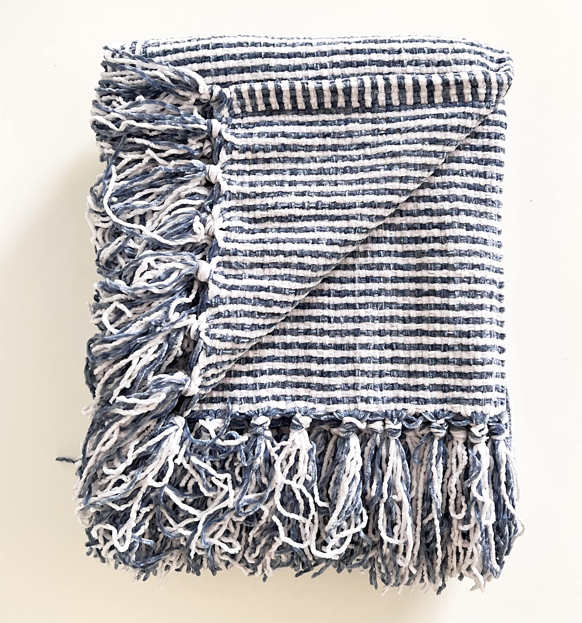 Fennco Styles Chenille Woven Striped Tassel Throw Blanket 50" W x 60" L - Grey Soft Blanket for Bed, Couch, Sofa, Home, Office and Holidays Décor