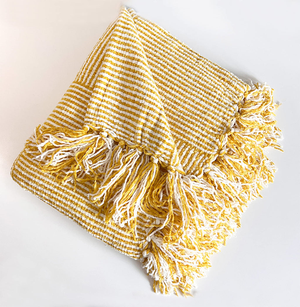Fennco Styles Chenille Woven Striped Tassel Throw Blanket 50" W x 60" L - Grey Soft Blanket for Bed, Couch, Sofa, Home, Office and Holidays Décor