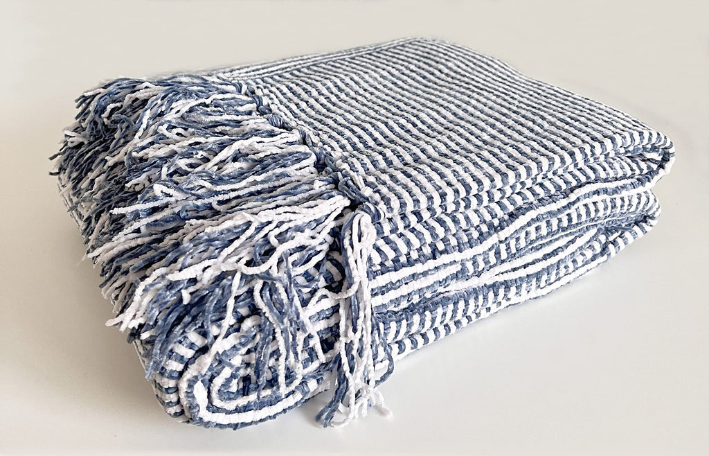 Fennco Styles Chenille Woven Striped Tassel Throw Blanket 50" W x 60" L - Grey Soft Blanket for Bed, Couch, Sofa, Home, Office and Holidays Décor