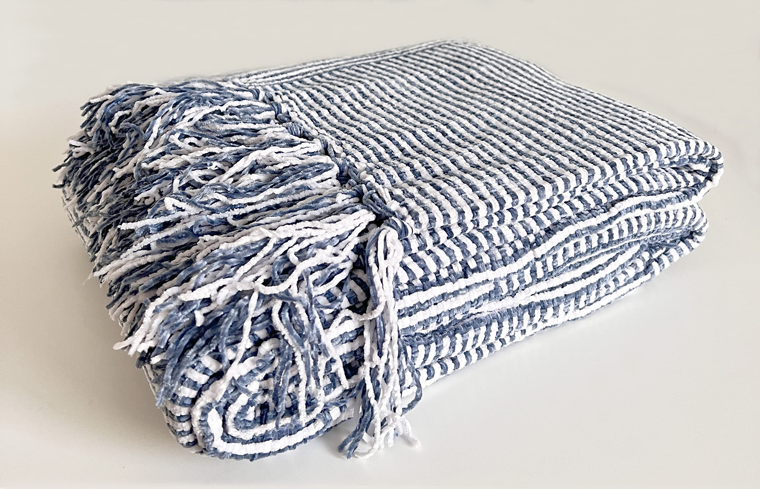 Fennco Styles Chenille Woven Striped Tassel Throw Blanket 50" W x 60" L - Grey Soft Blanket for Bed, Couch, Sofa, Home, Office and Holidays Décor