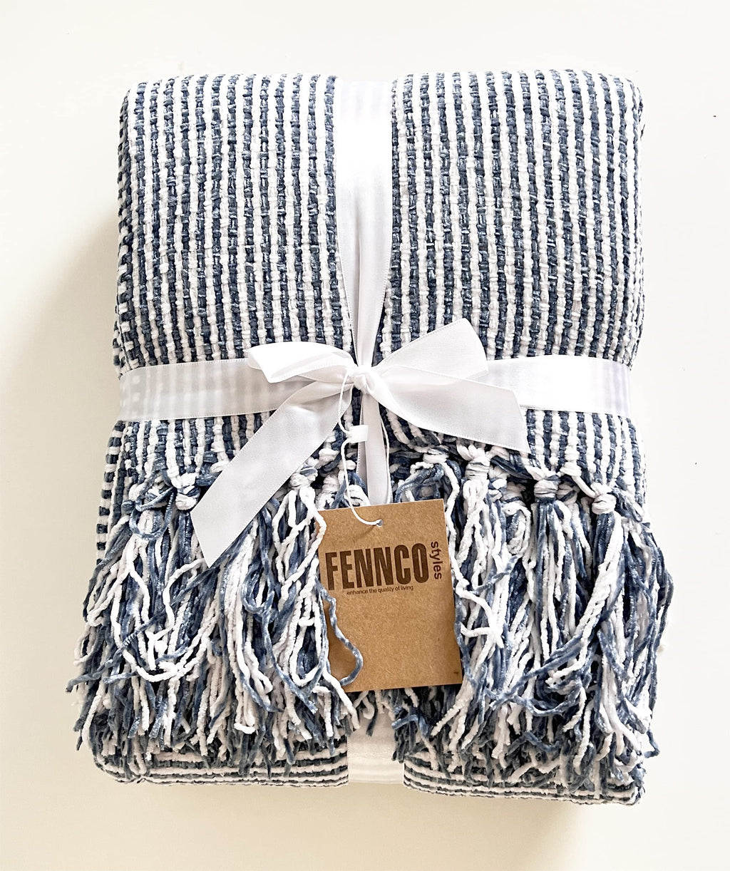Fennco Styles Chenille Woven Striped Tassel Throw Blanket 50" W x 60" L - Grey Soft Blanket for Bed, Couch, Sofa, Home, Office and Holidays Décor
