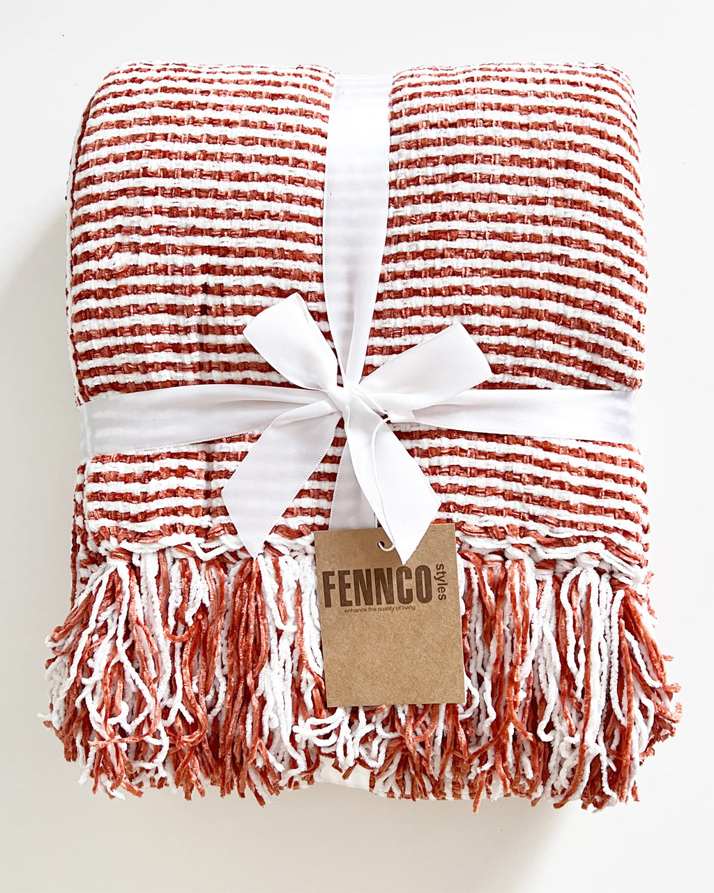 Fennco Styles Chenille Woven Striped Tassel Throw Blanket 50" W x 60" L - Grey Soft Blanket for Bed, Couch, Sofa, Home, Office and Holidays Décor
