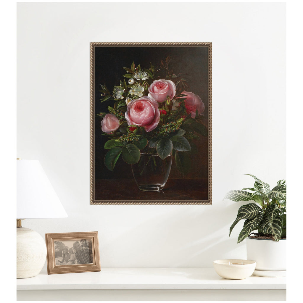 Roses and Tree Anemones in a Glass Vase by Johan Laurentz Jensen by Nostalgia Prints Framed Canvas Wall Art Print