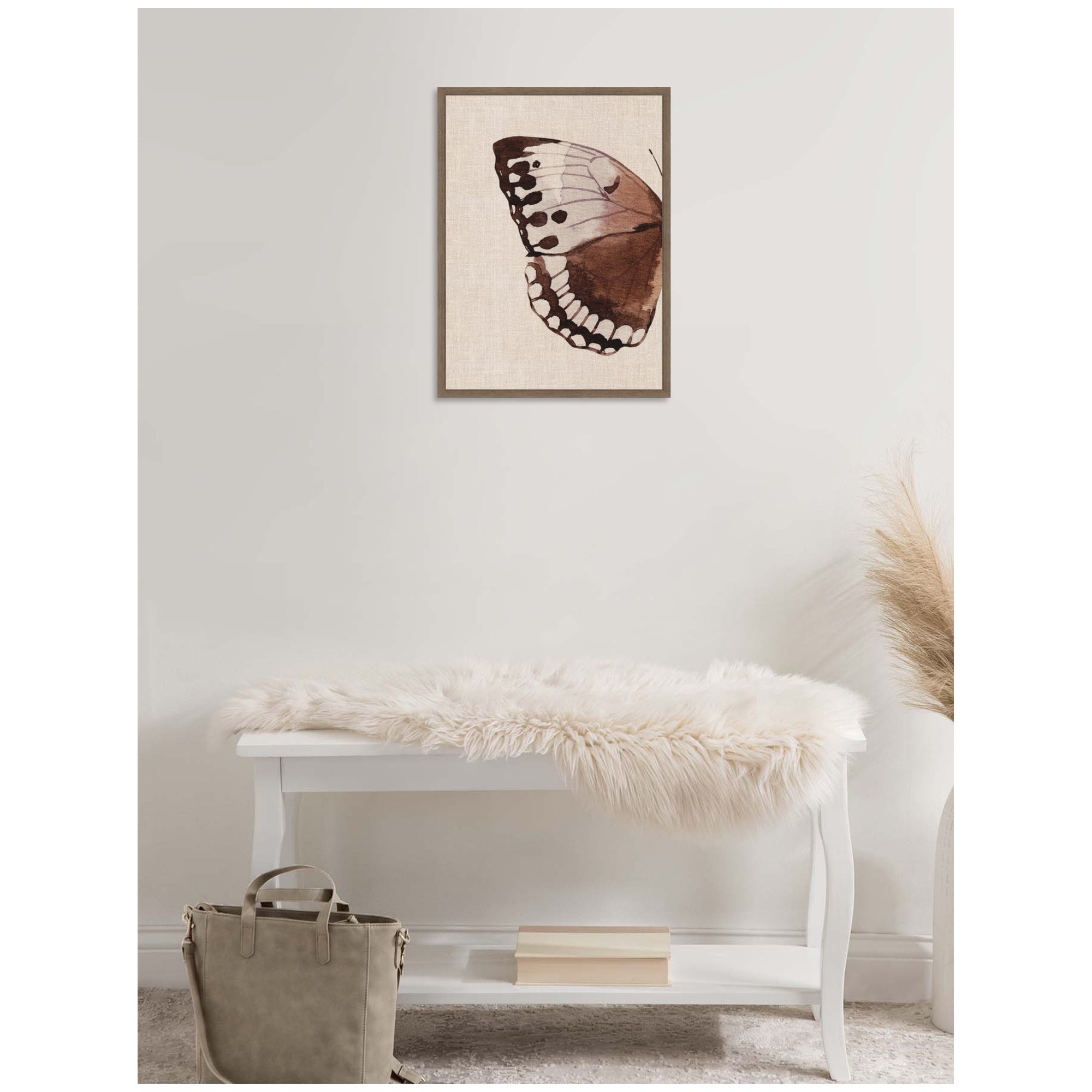 Sylvie Retro Butterfly Watercolor Diptych Neutral Burlap Left Framed Canvas by The Creative Bunch Studio