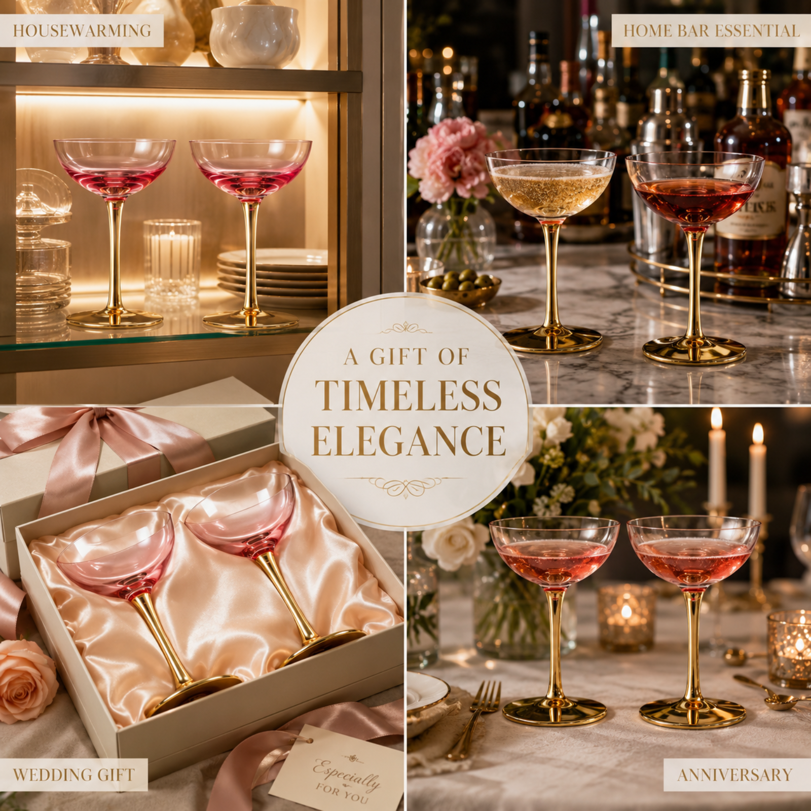 Deco Champagne Coupe Cocktail Glassware, Pink, Set of 2