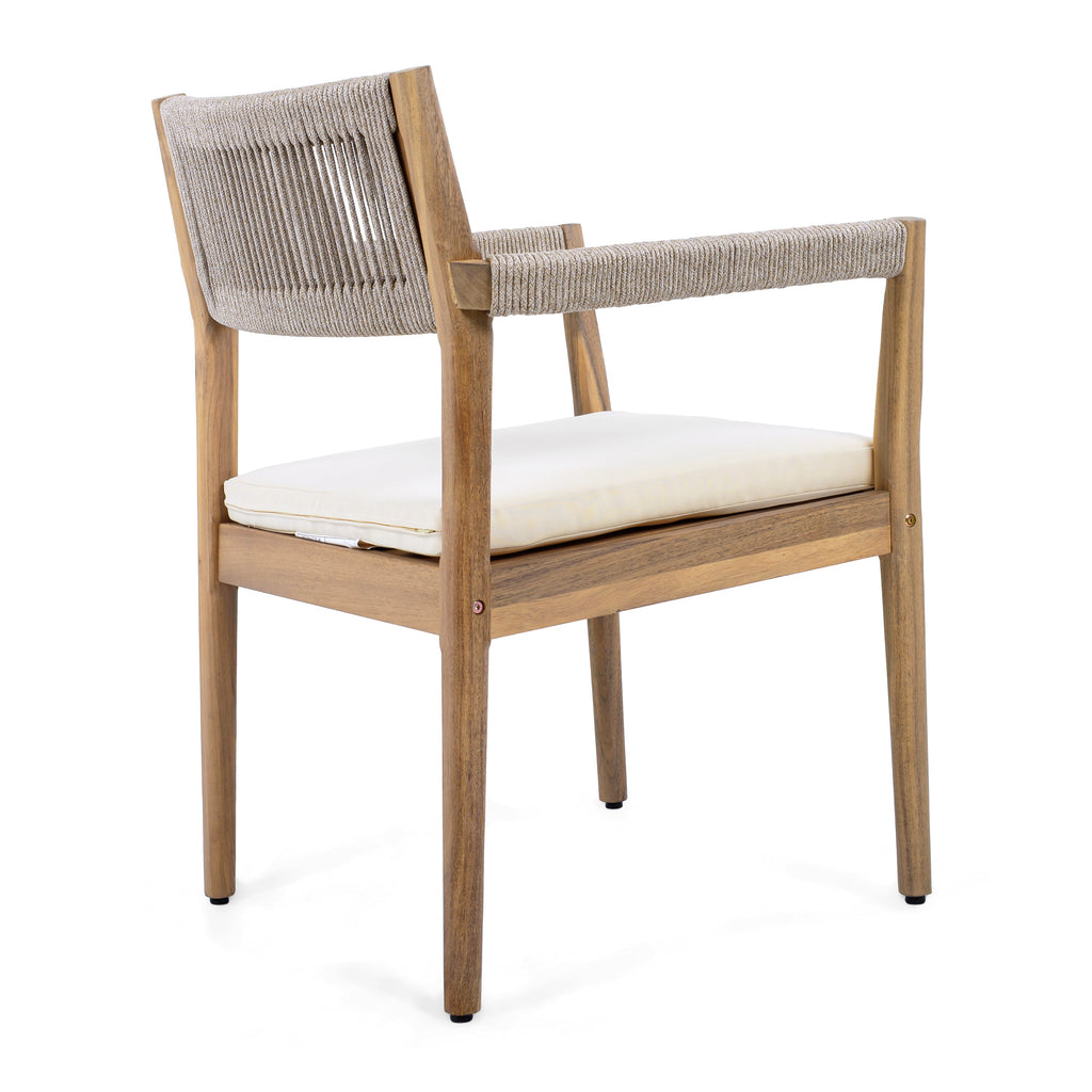 Braided Acacia Wood Outdoor Dining Chairs Set of 2 – Teak Look with Beige Rope & Cream Cushions