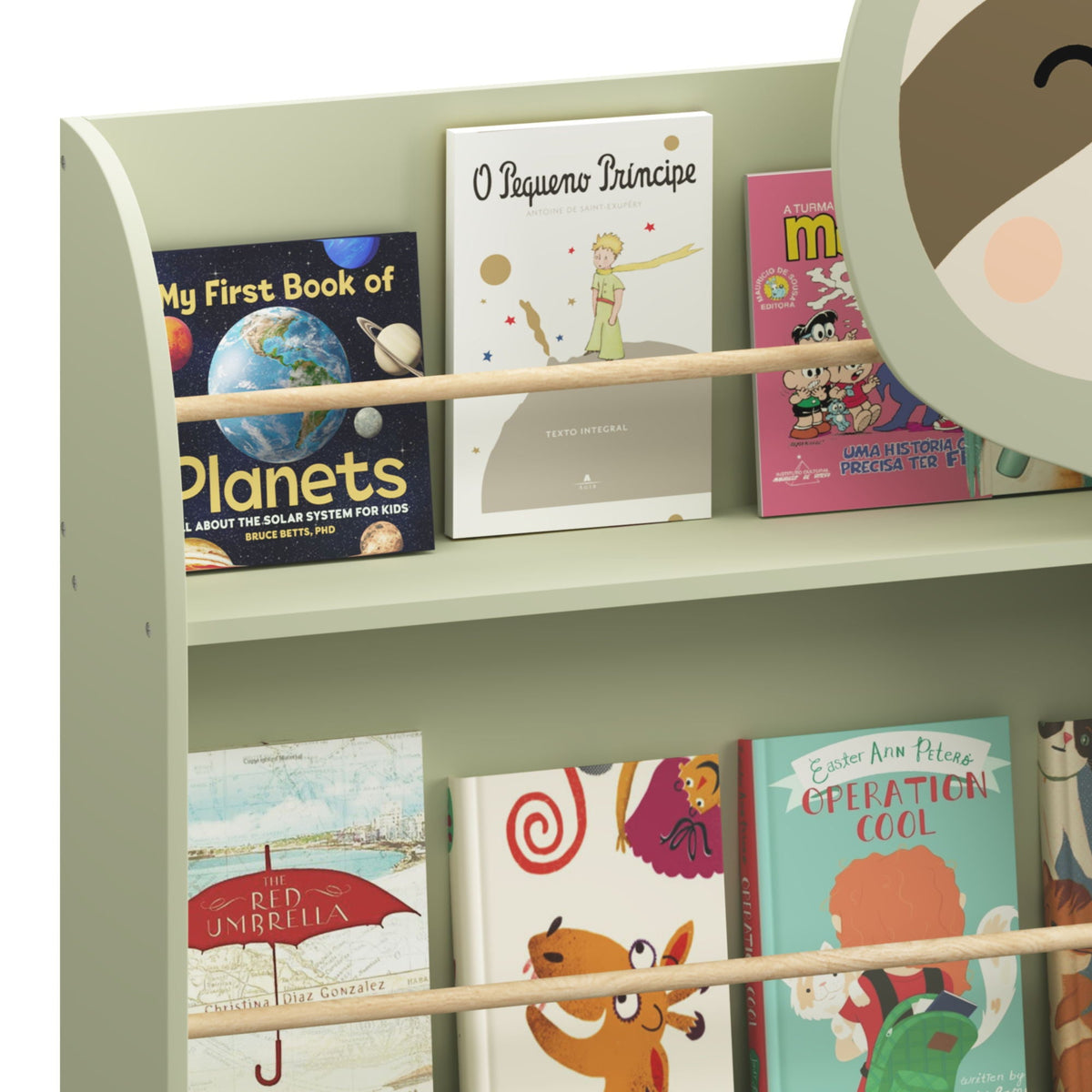 Sloth Bookshelf, Front Facing Toddler Book Display Rack With 3 Tiers, Cute Animal Design - Sage Green