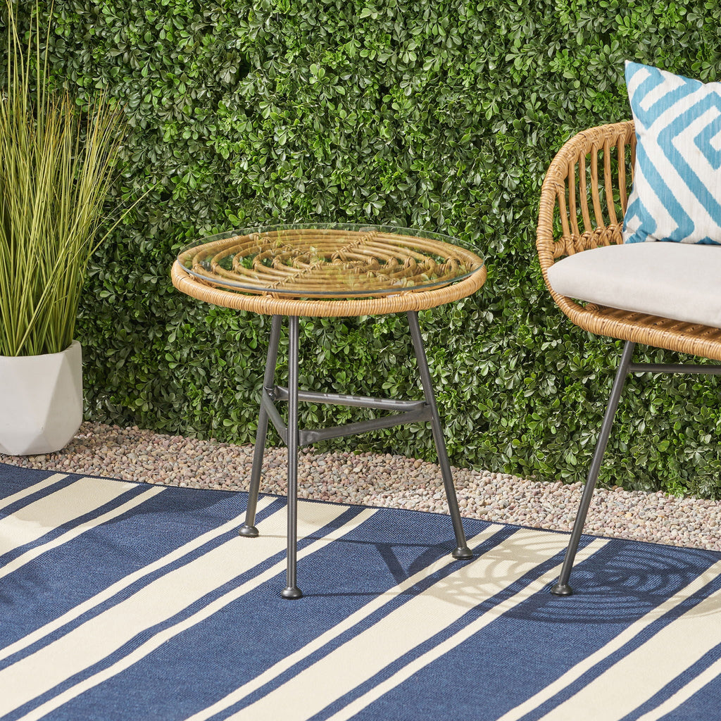 Petrichor Outdoor Side Table with Tempered Glass and Steel Frame