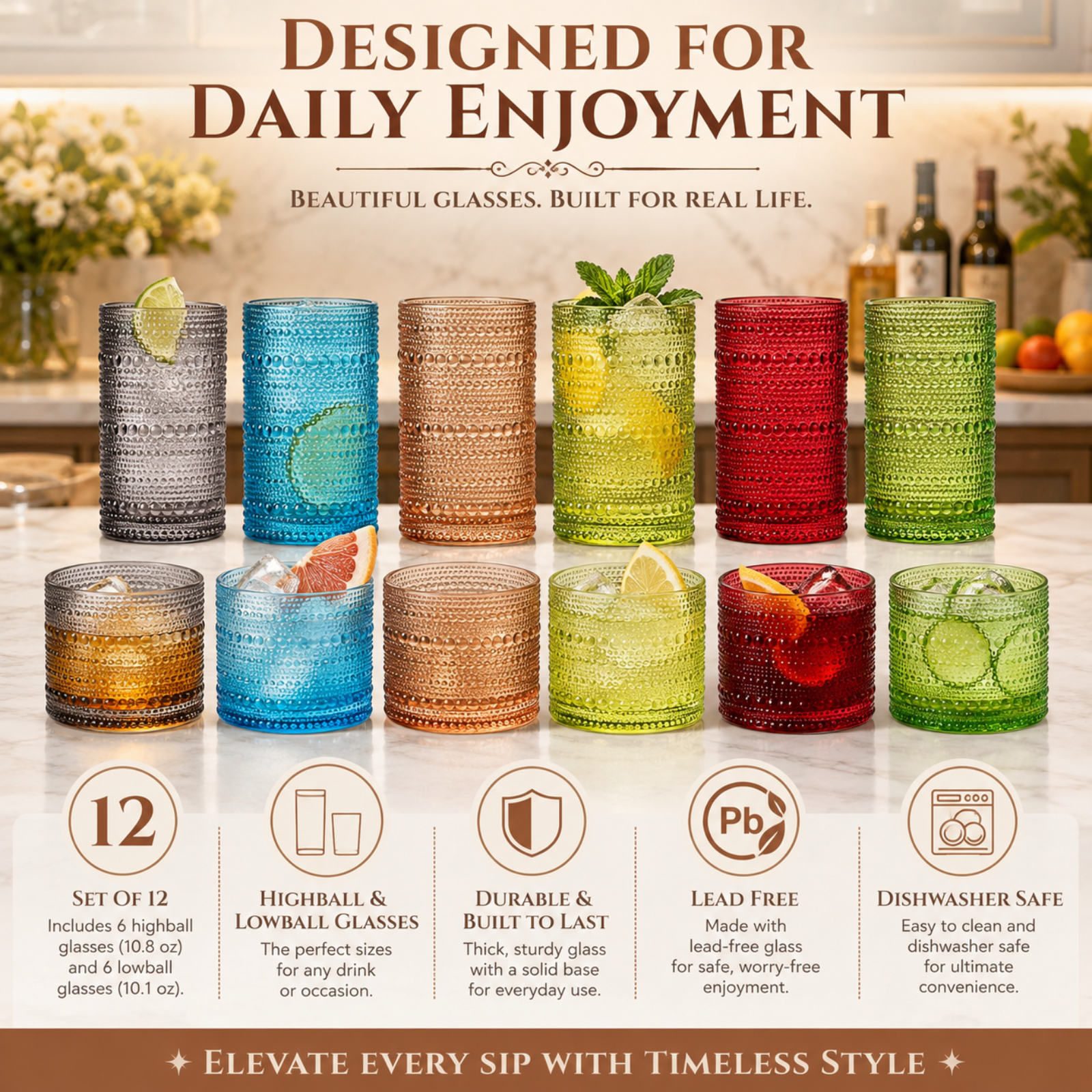 Fortuna Hobnail Lowball & Highball Glassware, Set of 12