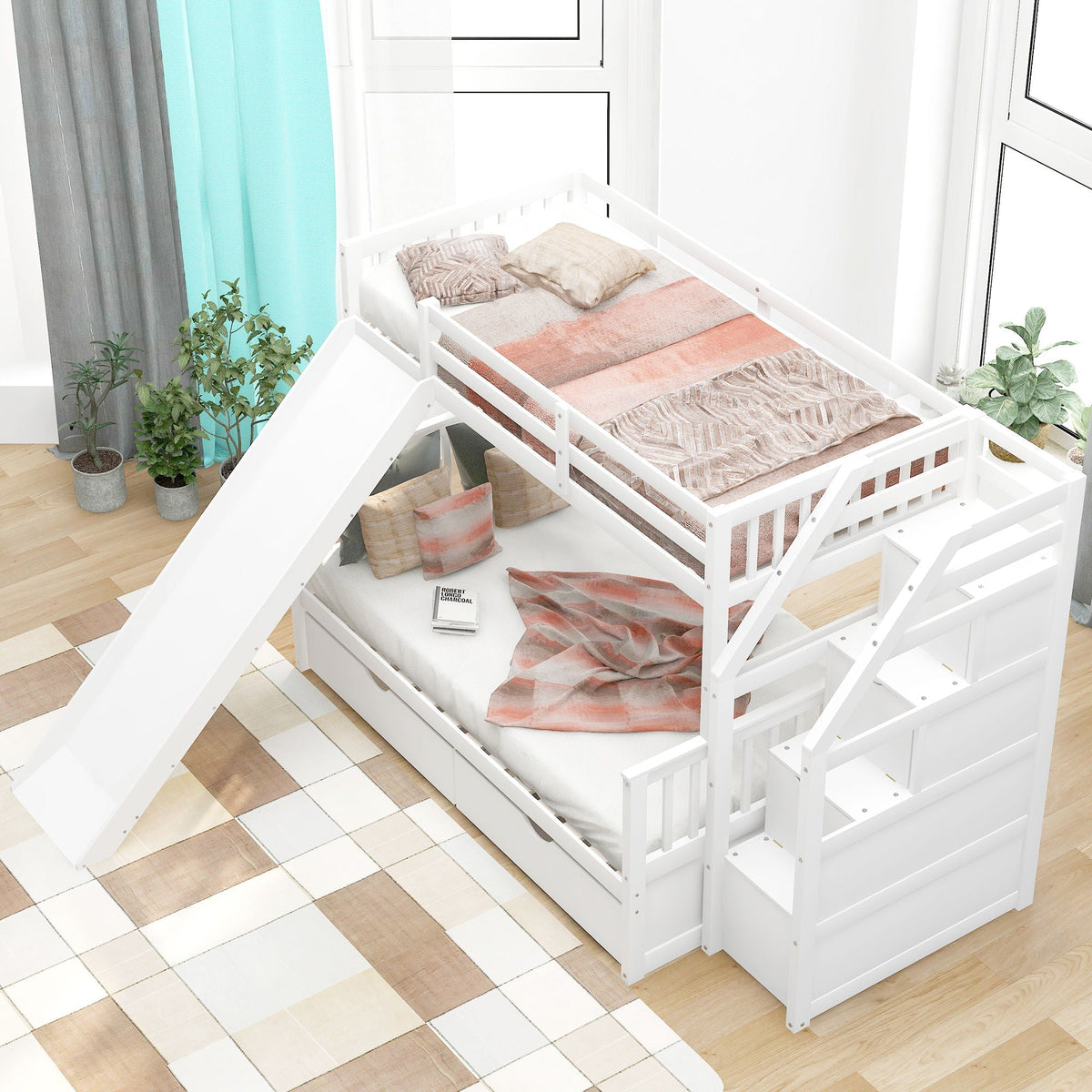 Bunk Bed With Storage Staircase, Slide, Desk, Drawers, And Shelves