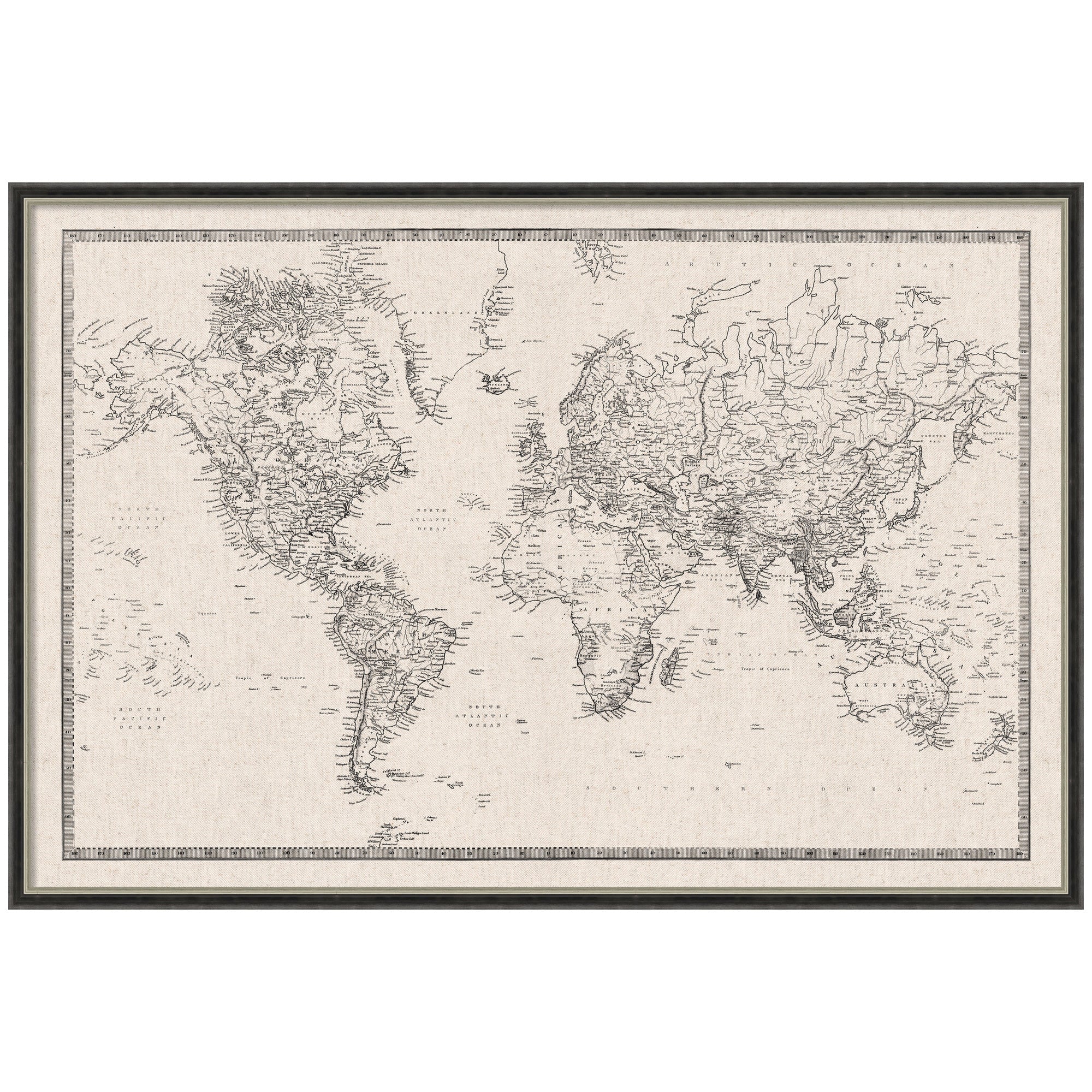 Framed Fabric Pinboard Vintage Black and White Linen World Map Wall Organization