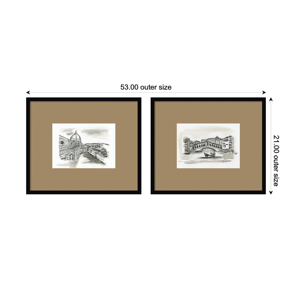Vintage Postcard Florence & Venice 2 Piece Framed Wall Art Print Set by Teju Reval Brown Mat