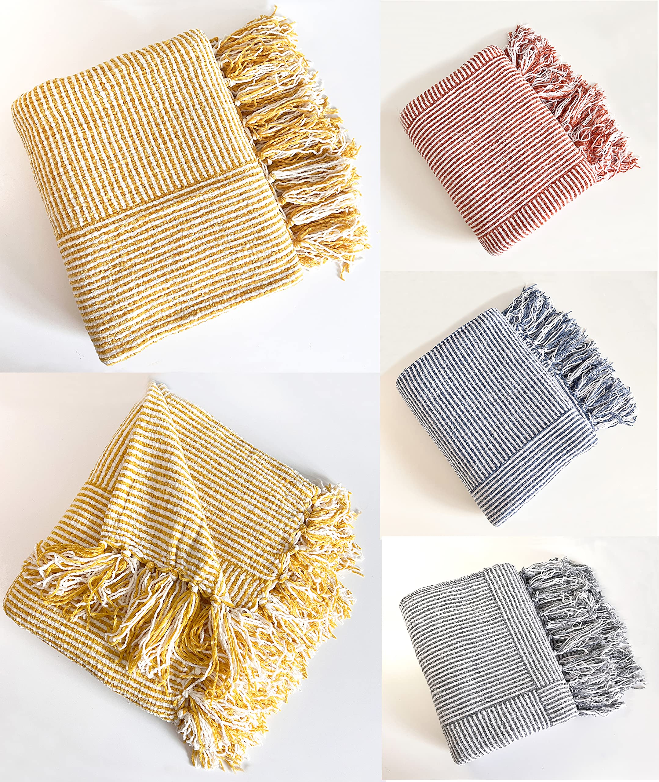 Fennco Styles Chenille Woven Striped Tassel Throw Blanket 50" W x 60" L - Grey Soft Blanket for Bed, Couch, Sofa, Home, Office and Holidays Décor