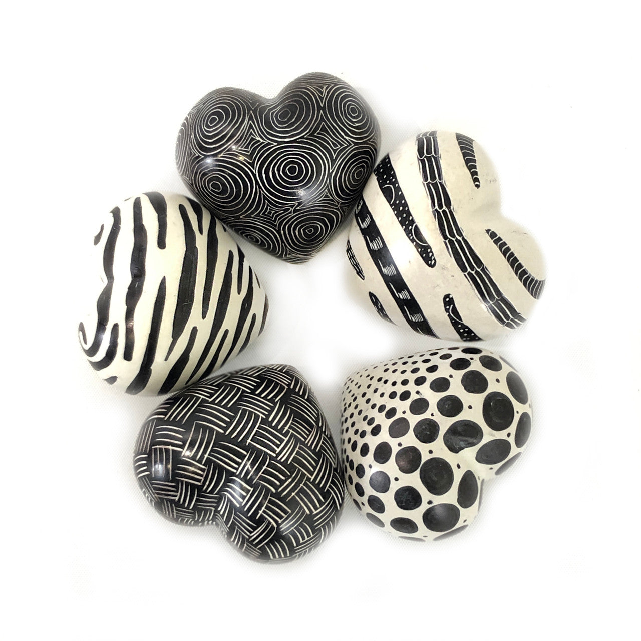 Black + White Graphic Stone Hearts - set of 5
