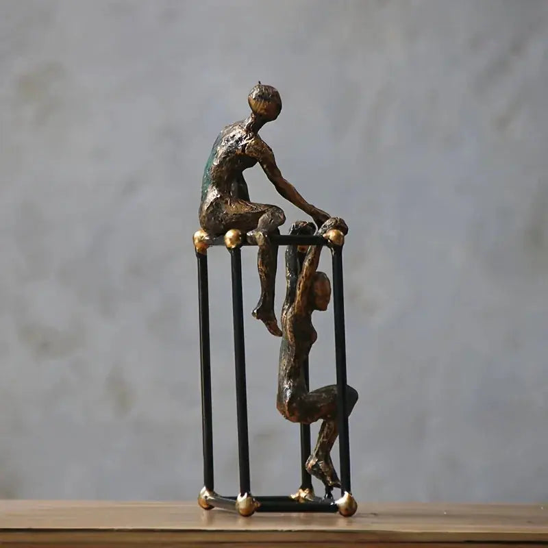 Abstract Two Figures Sculpture on Geometric Frame – Modern Bronze Iron Table Decor