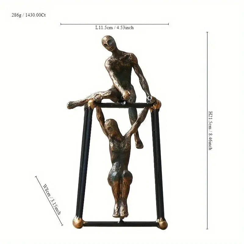 Abstract Two Figures Sculpture on Geometric Frame – Modern Bronze Iron Table Decor