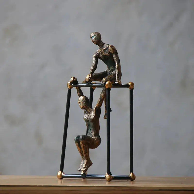 Abstract Two Figures Sculpture on Geometric Frame – Modern Bronze Iron Table Decor