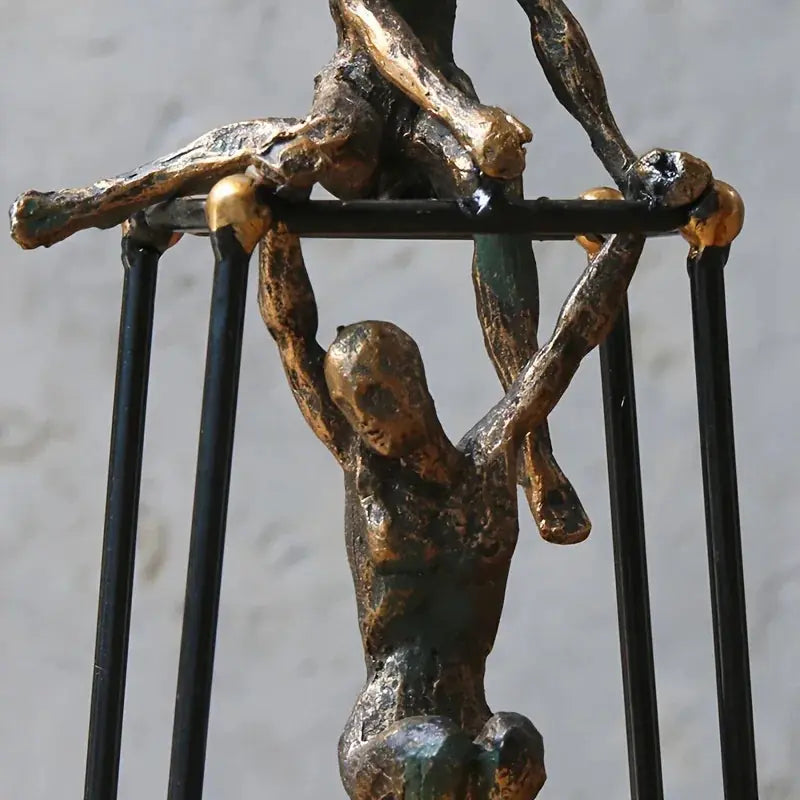 Abstract Two Figures Sculpture on Geometric Frame – Modern Bronze Iron Table Decor