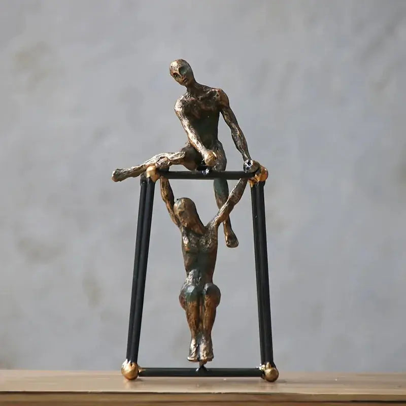 Abstract Two Figures Sculpture on Geometric Frame – Modern Bronze Iron Table Decor