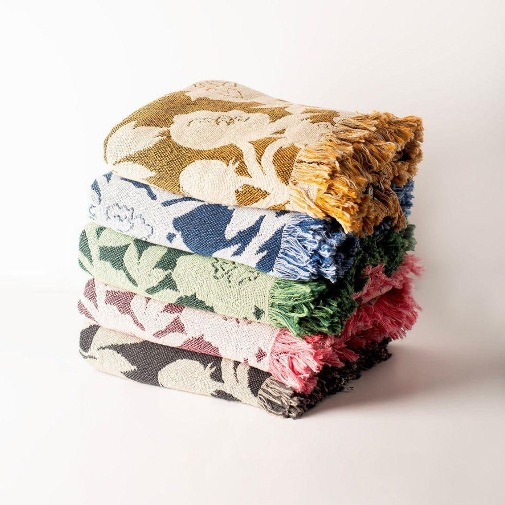Addy Ochre Gold Floral Jacquard Woven Throw Blanket, Reversible Cotton Throw, Made in USA
