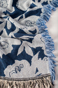 Addy Delft Blue Floral Jacquard Woven Throw Blanket, Reversible Cotton Throw, Made in USA