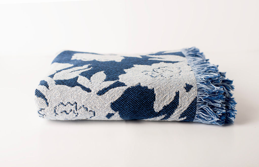 Addy Delft Blue Floral Jacquard Woven Throw Blanket, Reversible Cotton Throw, Made in USA