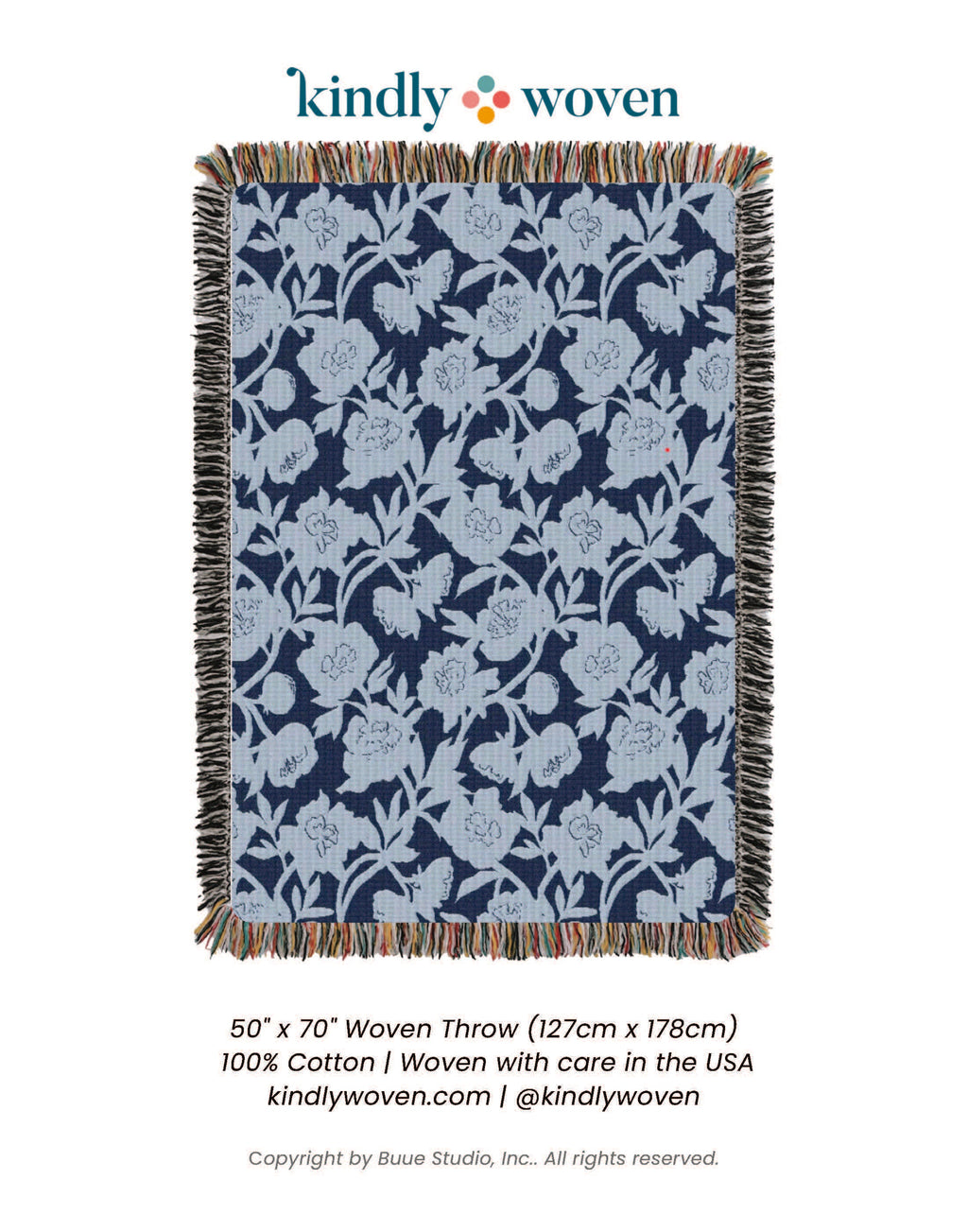 Addy Delft Blue Floral Jacquard Woven Throw Blanket, Reversible Cotton Throw, Made in USA