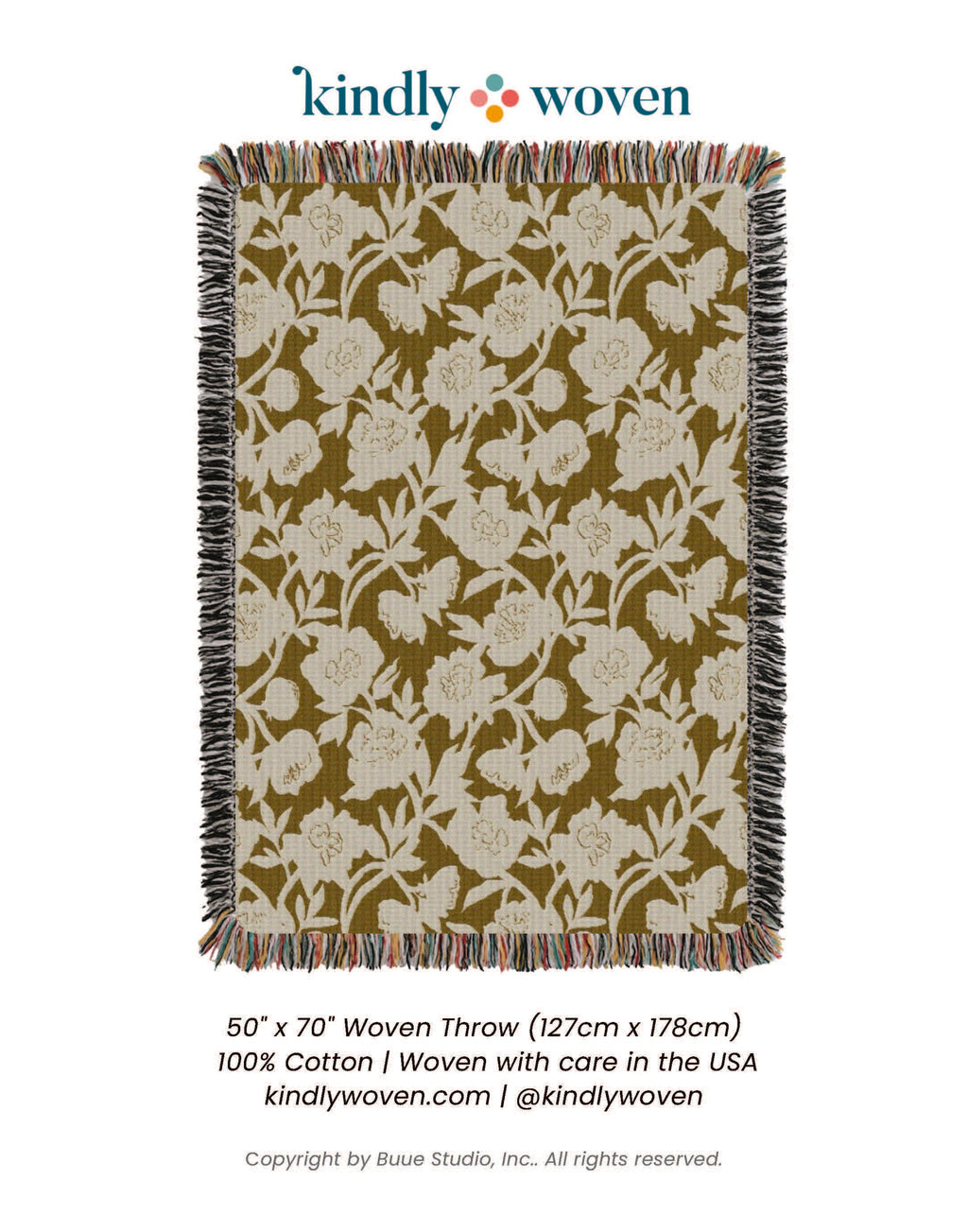 Addy Ochre Gold Floral Jacquard Woven Throw Blanket, Reversible Cotton Throw, Made in USA