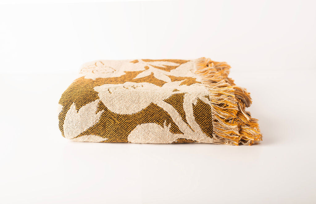 Addy Ochre Gold Floral Jacquard Woven Throw Blanket, Reversible Cotton Throw, Made in USA