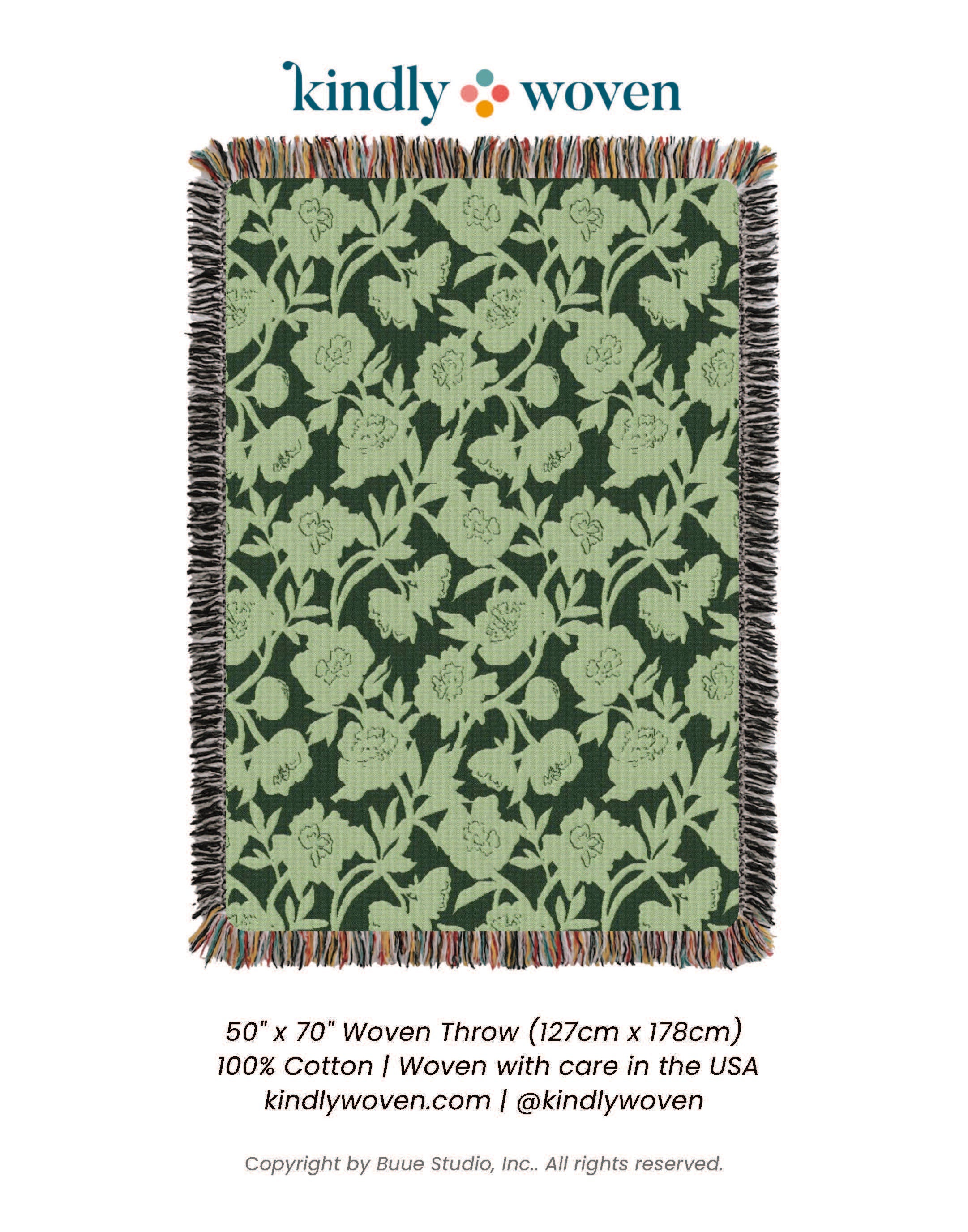 Addy Spruce Green Floral Jacquard Woven Throw Blanket, Reversible Cotton Throw, Made in USA