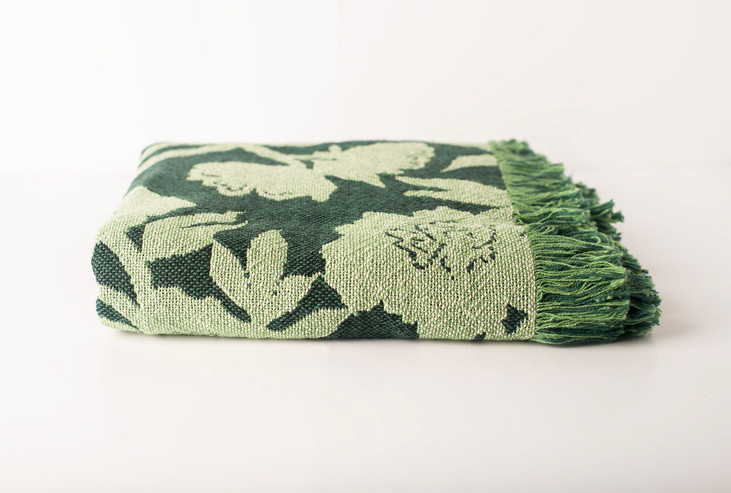 Addy Spruce Green Floral Jacquard Woven Throw Blanket, Reversible Cotton Throw, Made in USA
