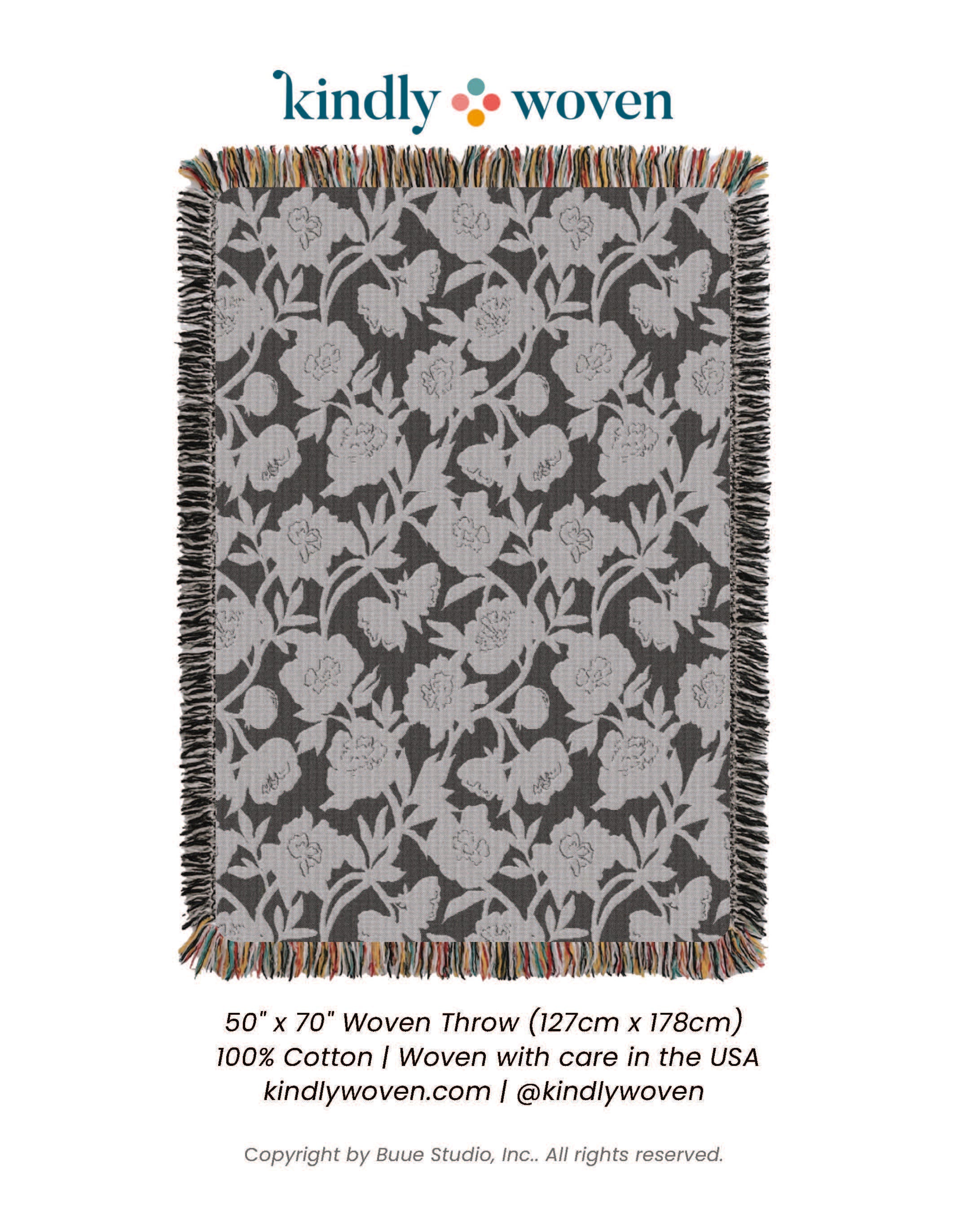 Addy Tuffet Neutral Floral Jacquard Woven Throw Blanket, Reversible Cotton Throw, Made in USA