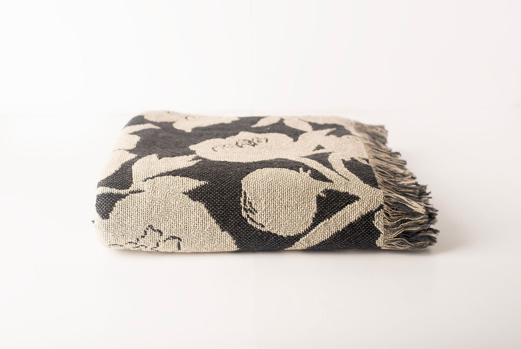 Addy Tuffet Neutral Floral Jacquard Woven Throw Blanket, Reversible Cotton Throw, Made in USA