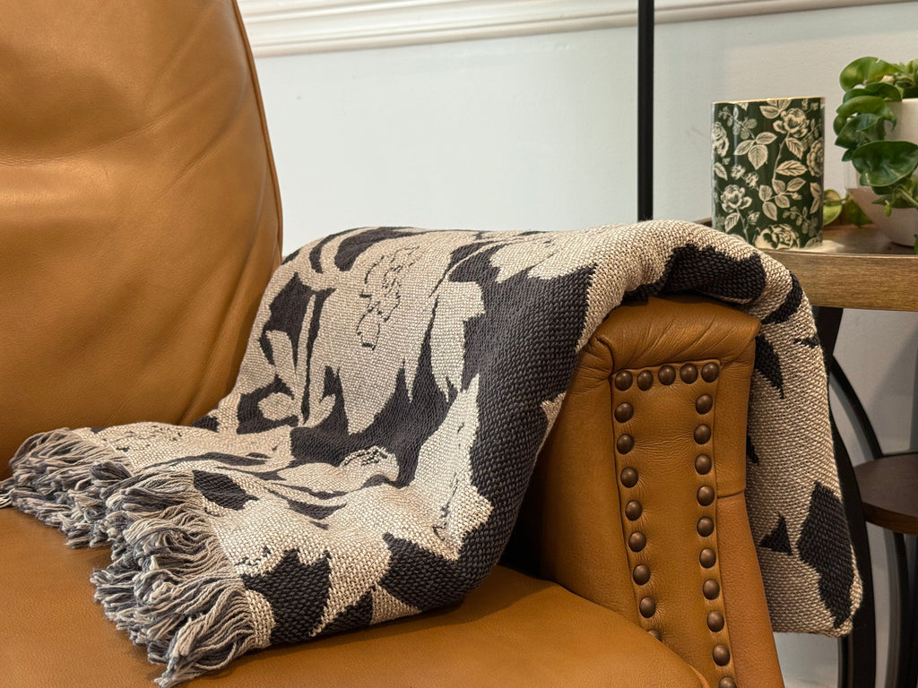 Addy Ochre Gold Floral Jacquard Woven Throw Blanket, Reversible Cotton Throw, Made in USA