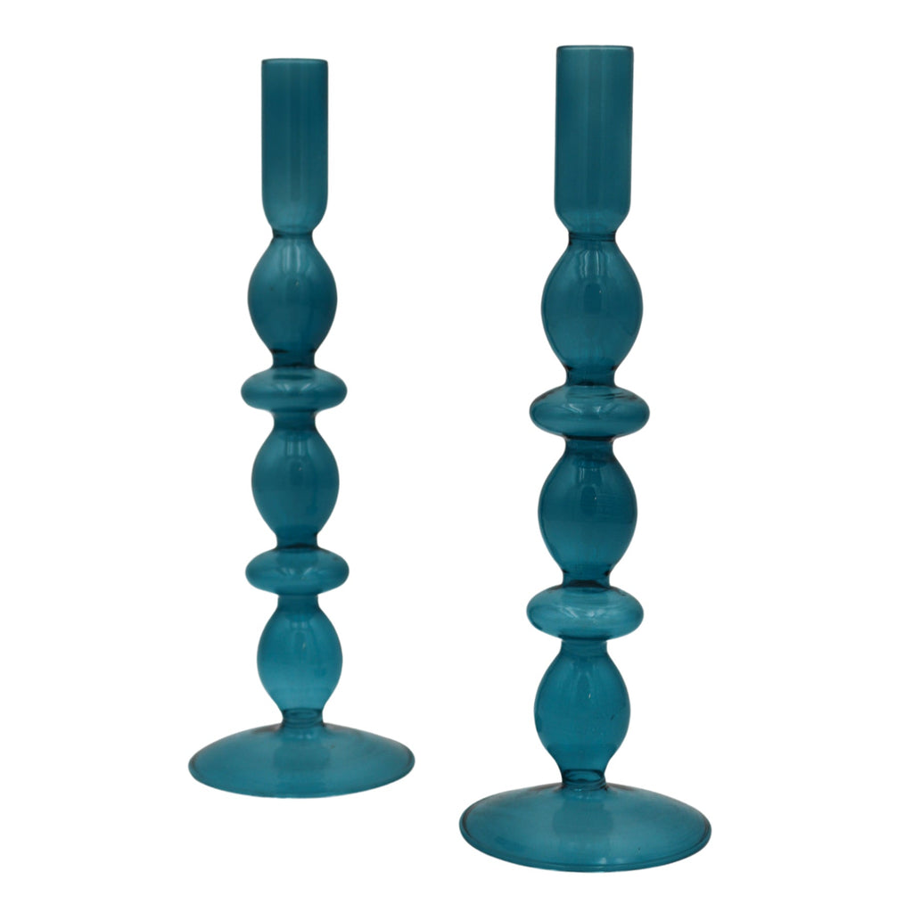 Azure Blue Glass Candle Holders - Pair