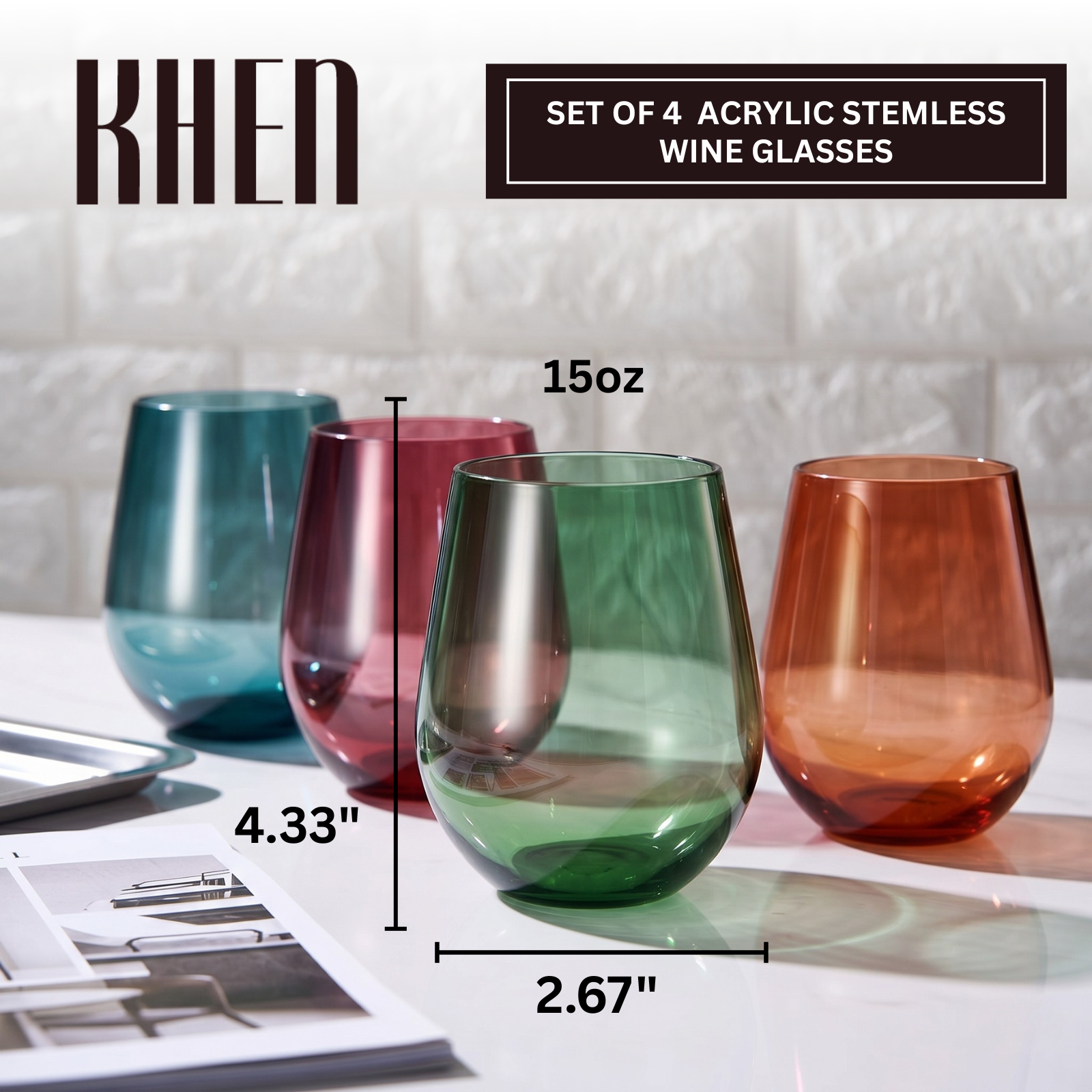 Eze Acrylic Stemless Wine Glassware, Set of 4