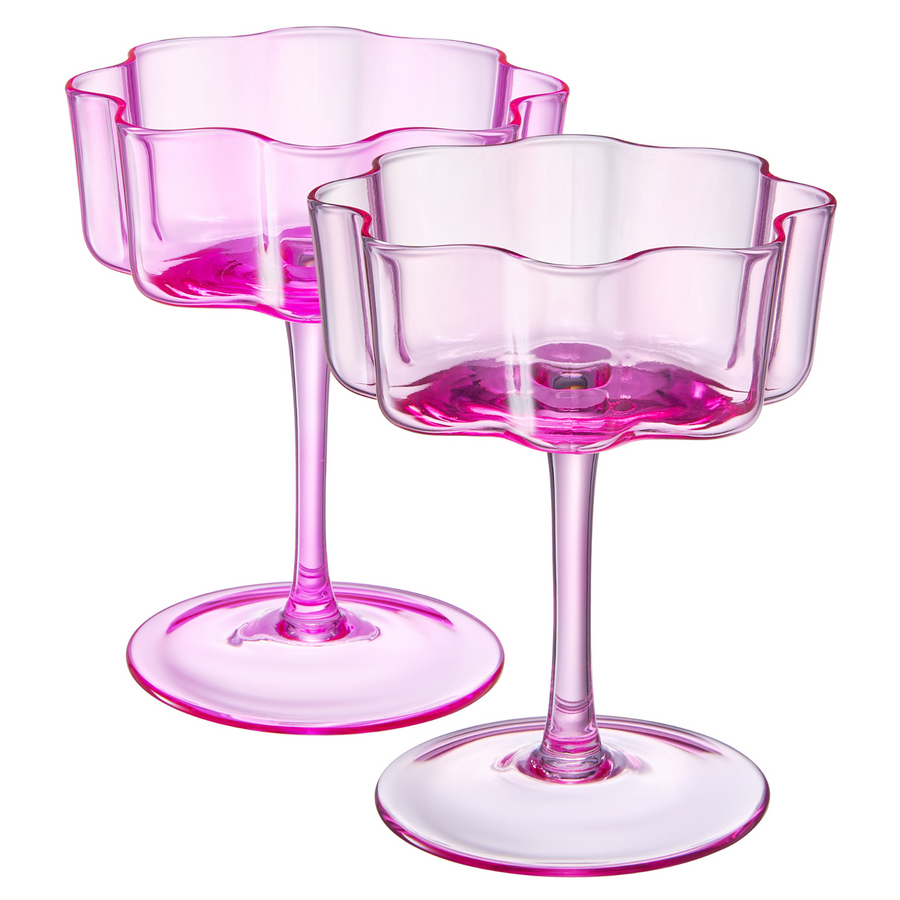 Flower Wave Coupe Glasses — Hot Pink & Blush, Set of 2