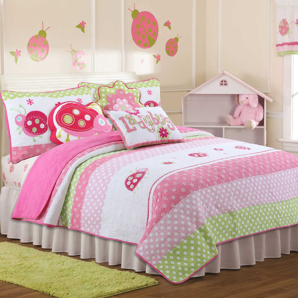 Pink Ladybug Dot Novelty Floral Embroiderd Decor Throw Pillow