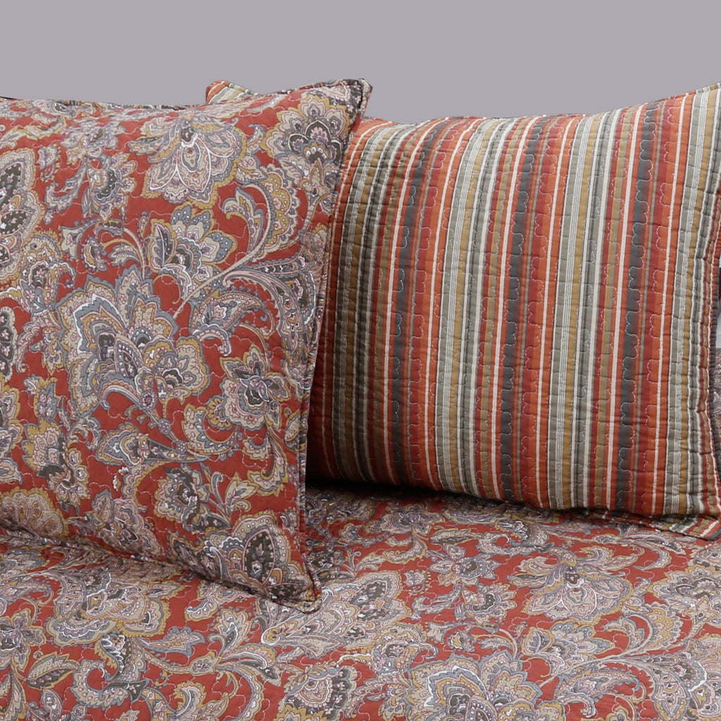 Lara Paisley Vintage Rustic Bronze Country Fall Floral Copper Cotton Reversible Quilt Bedding Set