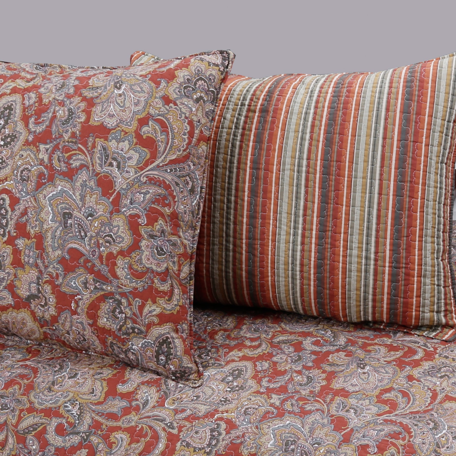 Lara Paisley Vintage Rustic Bronze Country Fall Floral Copper Cotton Reversible Quilt Bedding Set