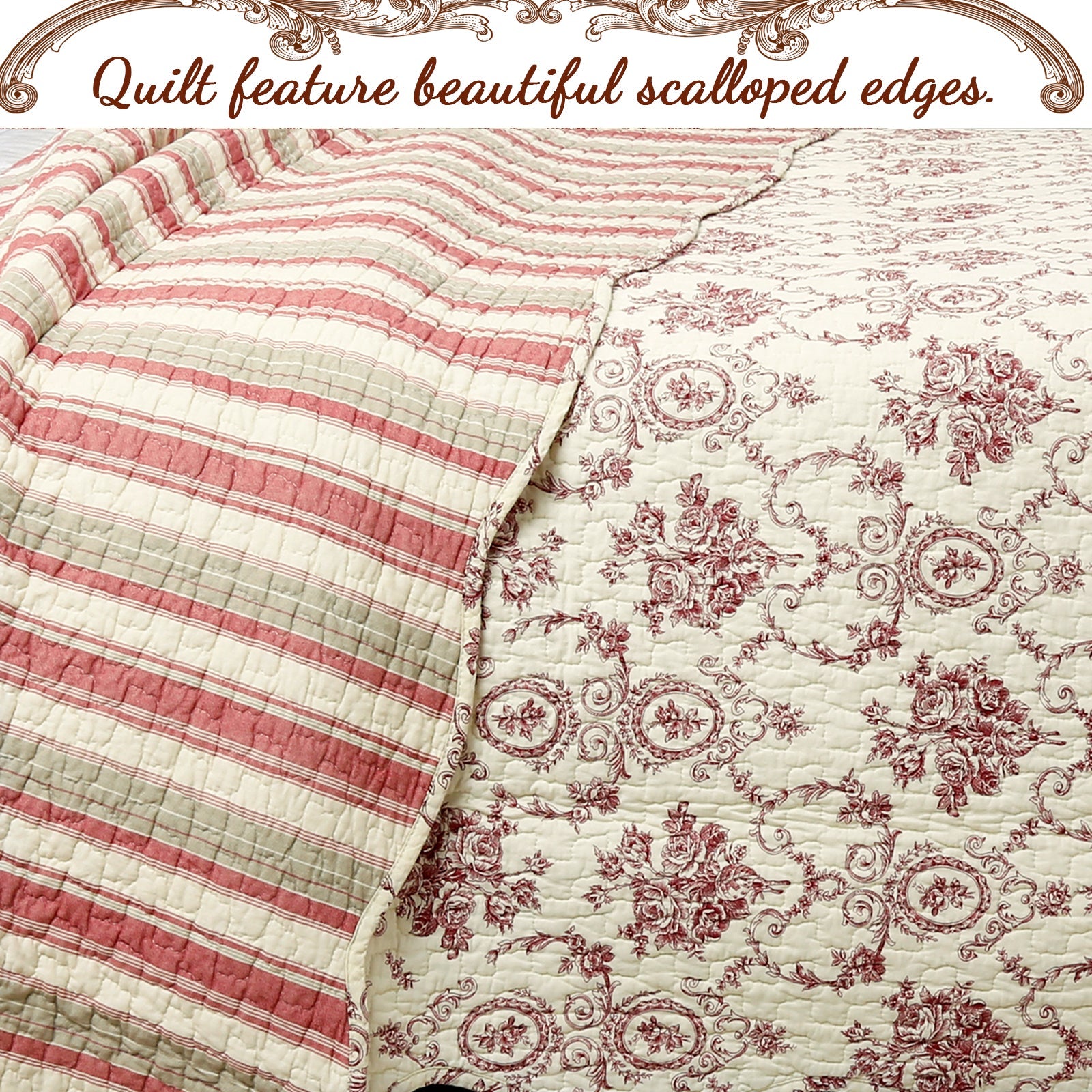 French Medallion Red Scalloped Edge Cotton 3-piece Reversible Quilt Bedding Set