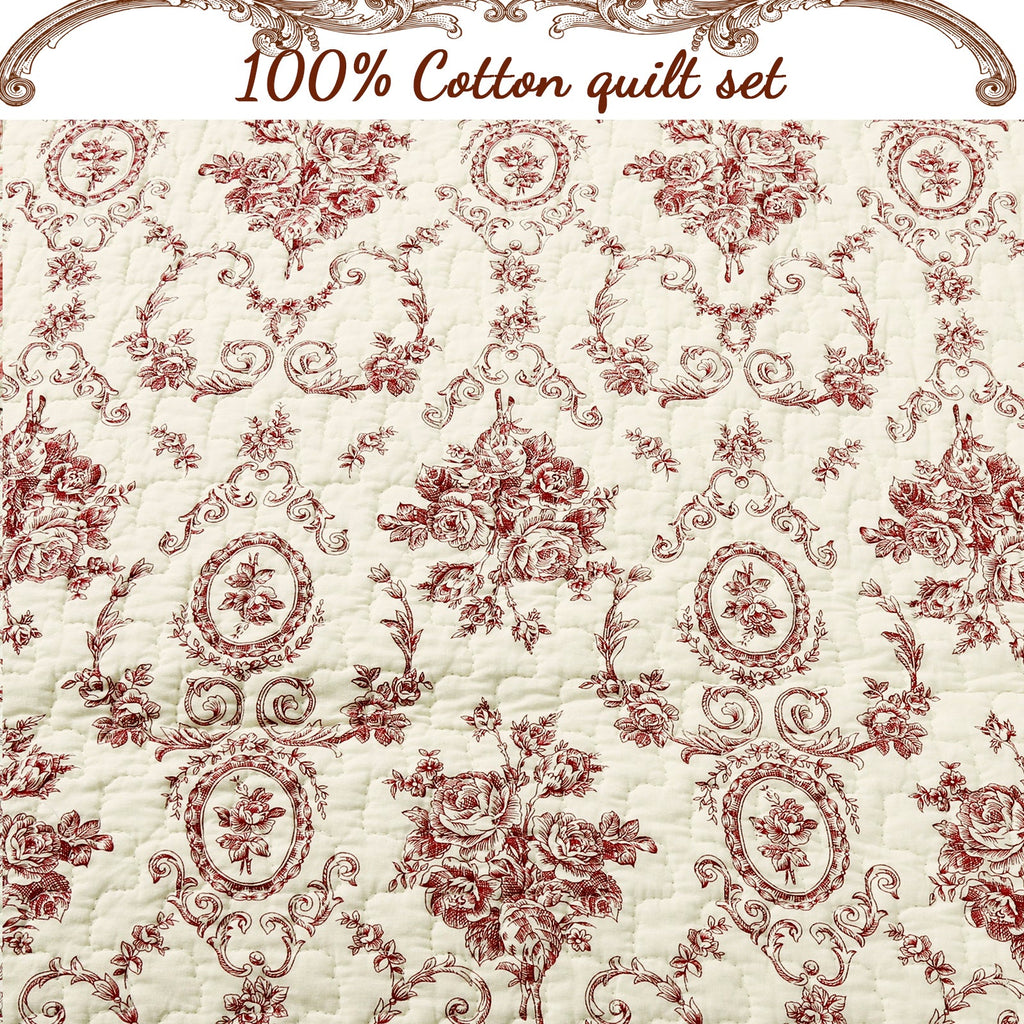 French Medallion Red Scalloped Edge Cotton 3-piece Reversible Quilt Bedding Set