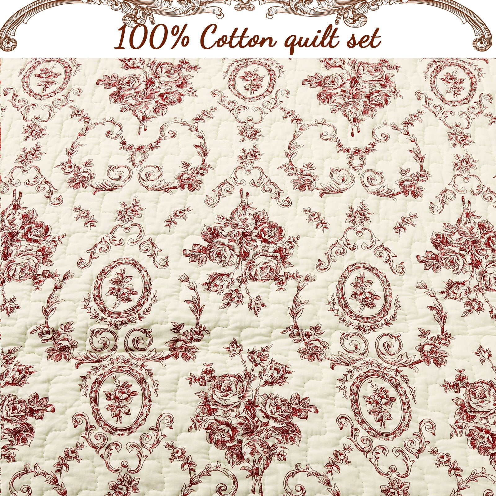 French Medallion Red Scalloped Edge Cotton 3-piece Reversible Quilt Bedding Set