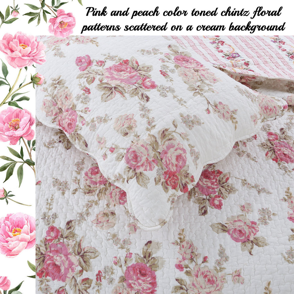 Spring Rose Floral Scalloped 3-Piece Cotton Reversible Quilt Bedding Set