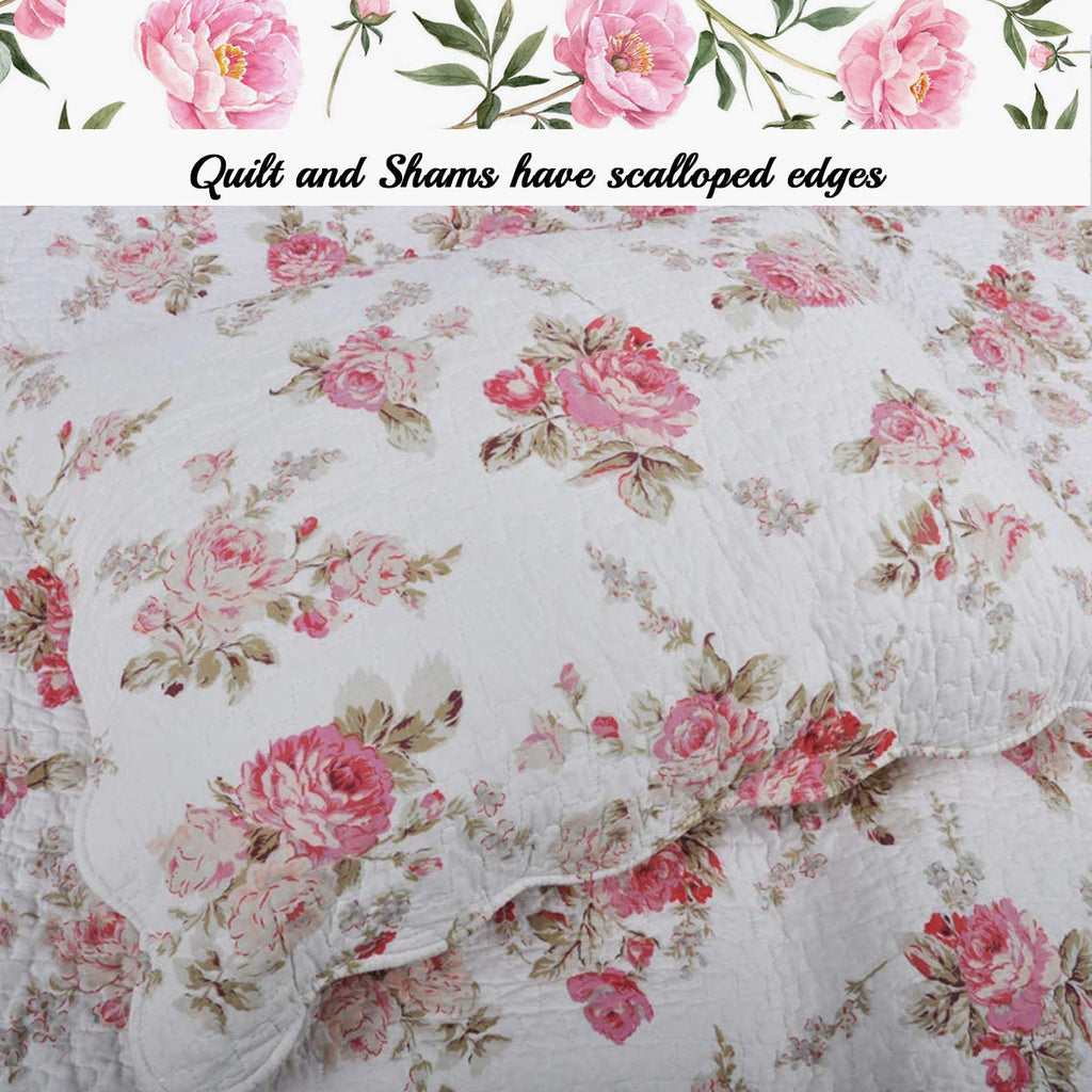 Spring Rose Floral Scalloped 3-Piece Cotton Reversible Quilt Bedding Set