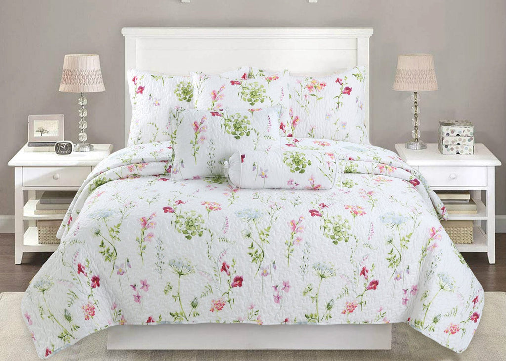 Carlotta Light Pink Blue Floral Print Reversible Quilt Bedding Set