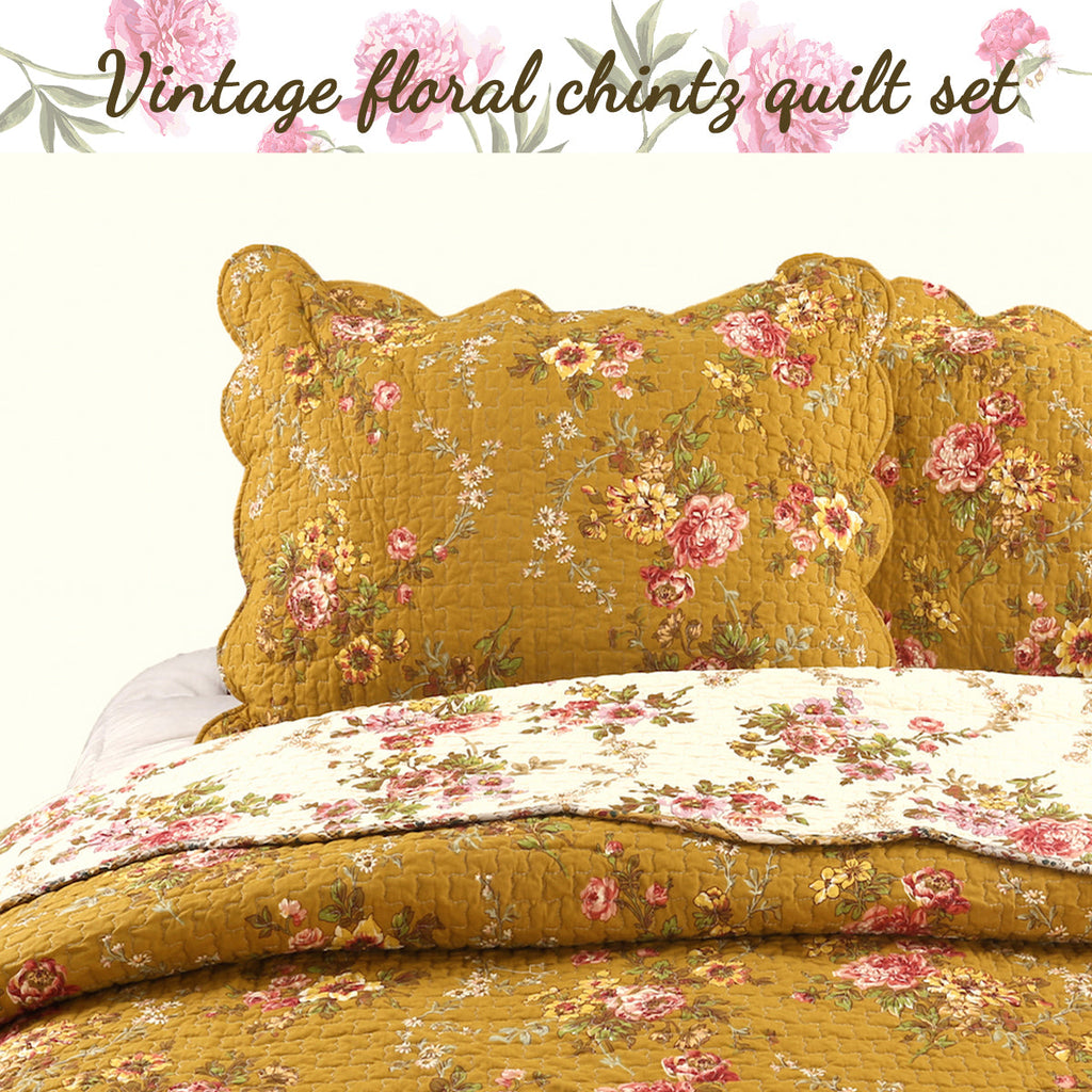 Pinegar Floral Scalloped Cotton 3-Piece Reversible Quilt Bedding Set