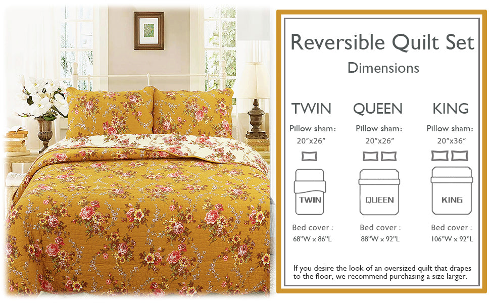 Pinegar Floral Scalloped Cotton 3-Piece Reversible Quilt Bedding Set