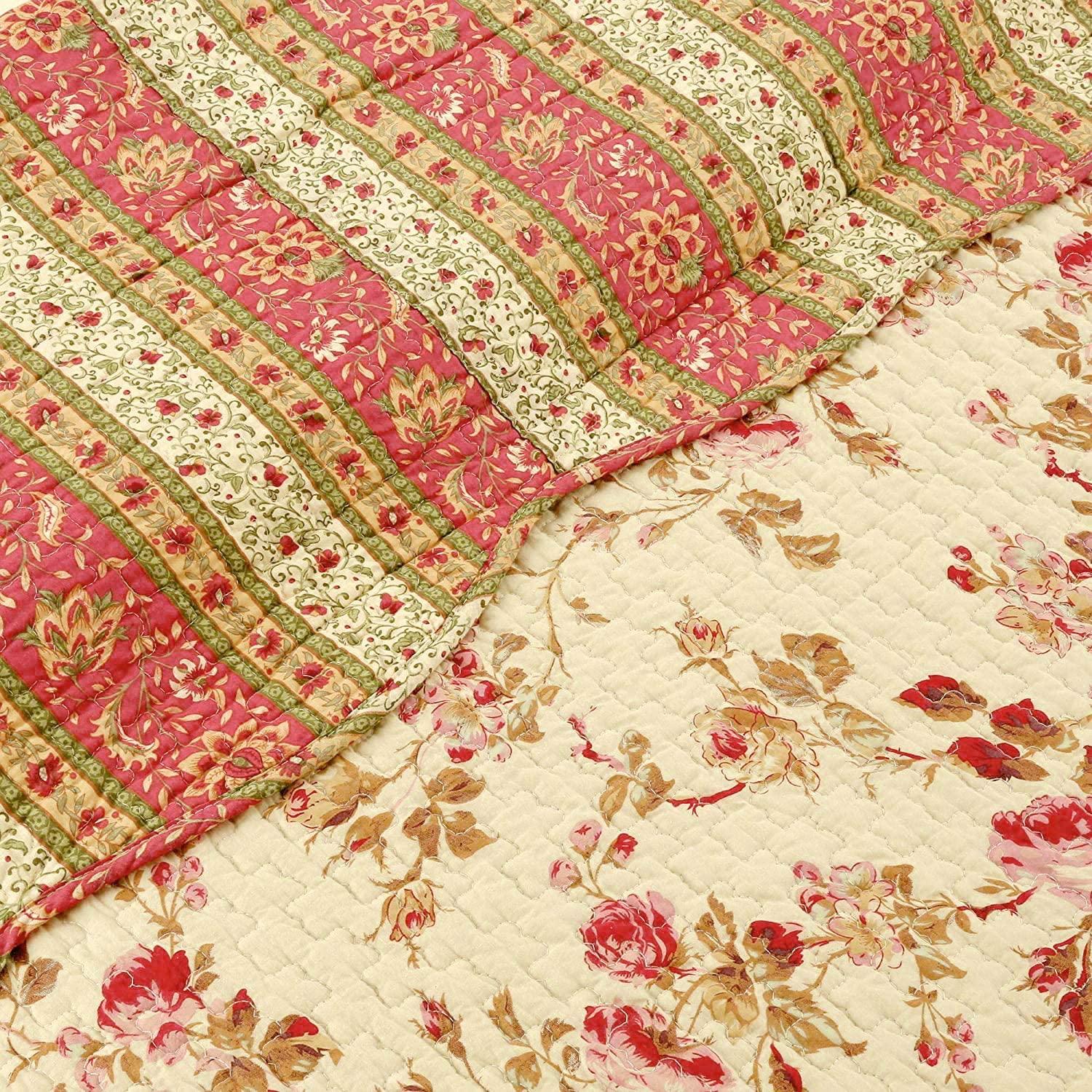 Vintage Rose Floral Cotton Quilted Scalloped Reversible Throw Blanket