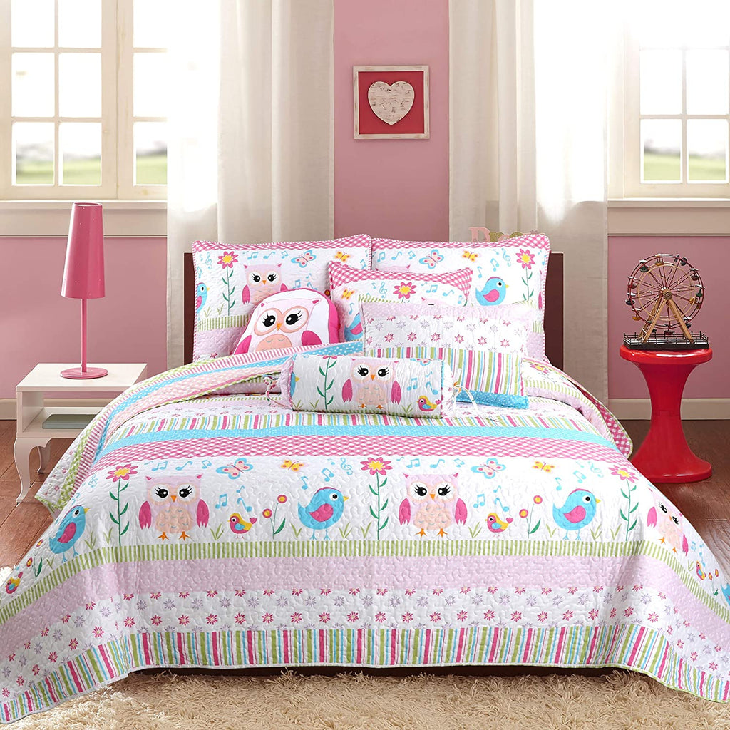 Home Sweet Pink Owl Spring Floral Stripe 3-Piece Décor Throw Pillows (Set of 3)
